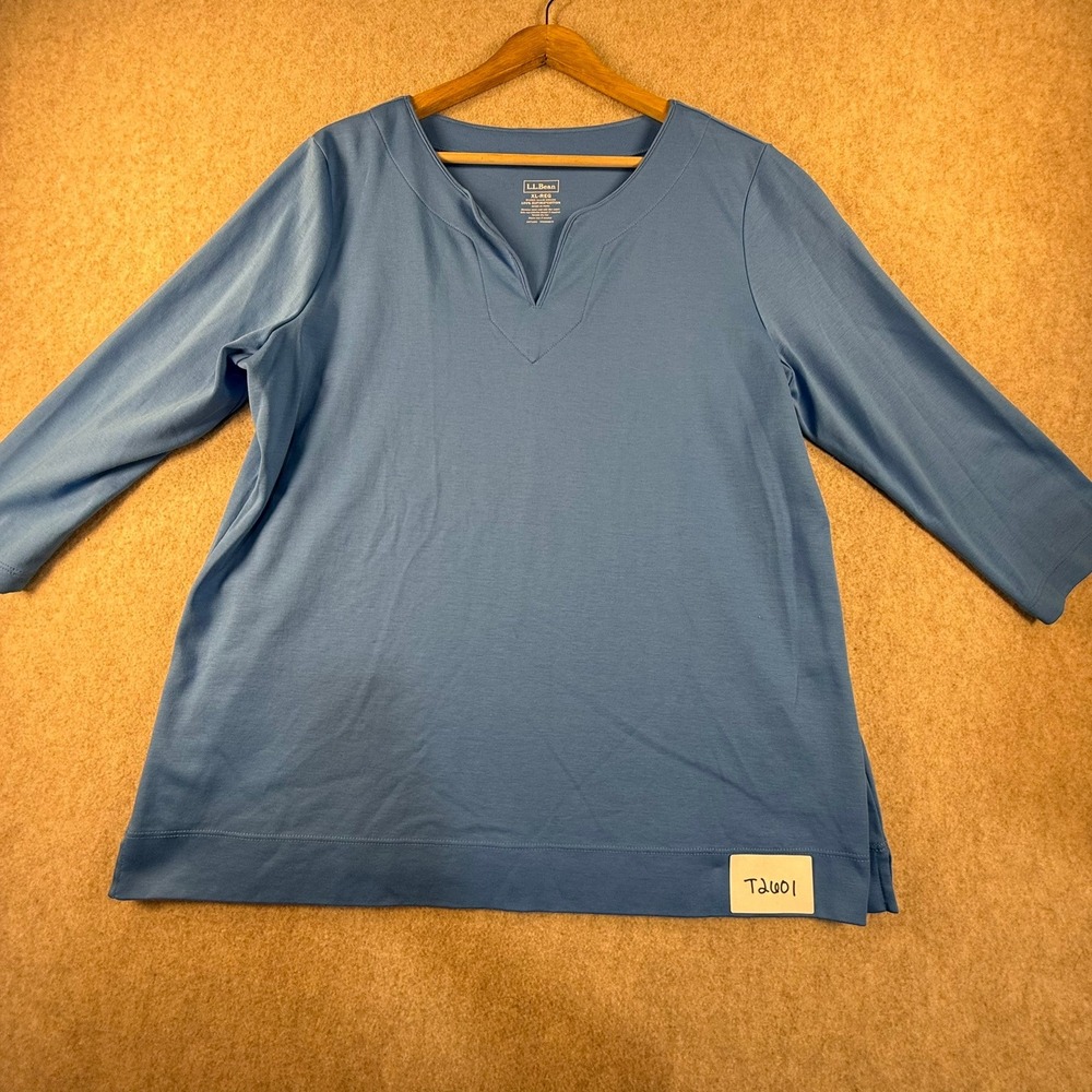 LL Bean Women Blue Supima Cotton Split Neck 3/4 Sleeve Top XL 300325